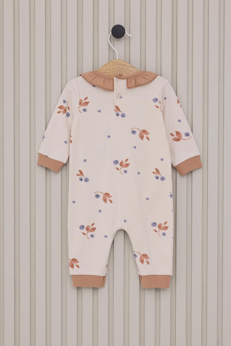 Kız Bebek Bej Çiçek Desenli Fırfır Yaka %100 Pamuk Tulum - 50322804002