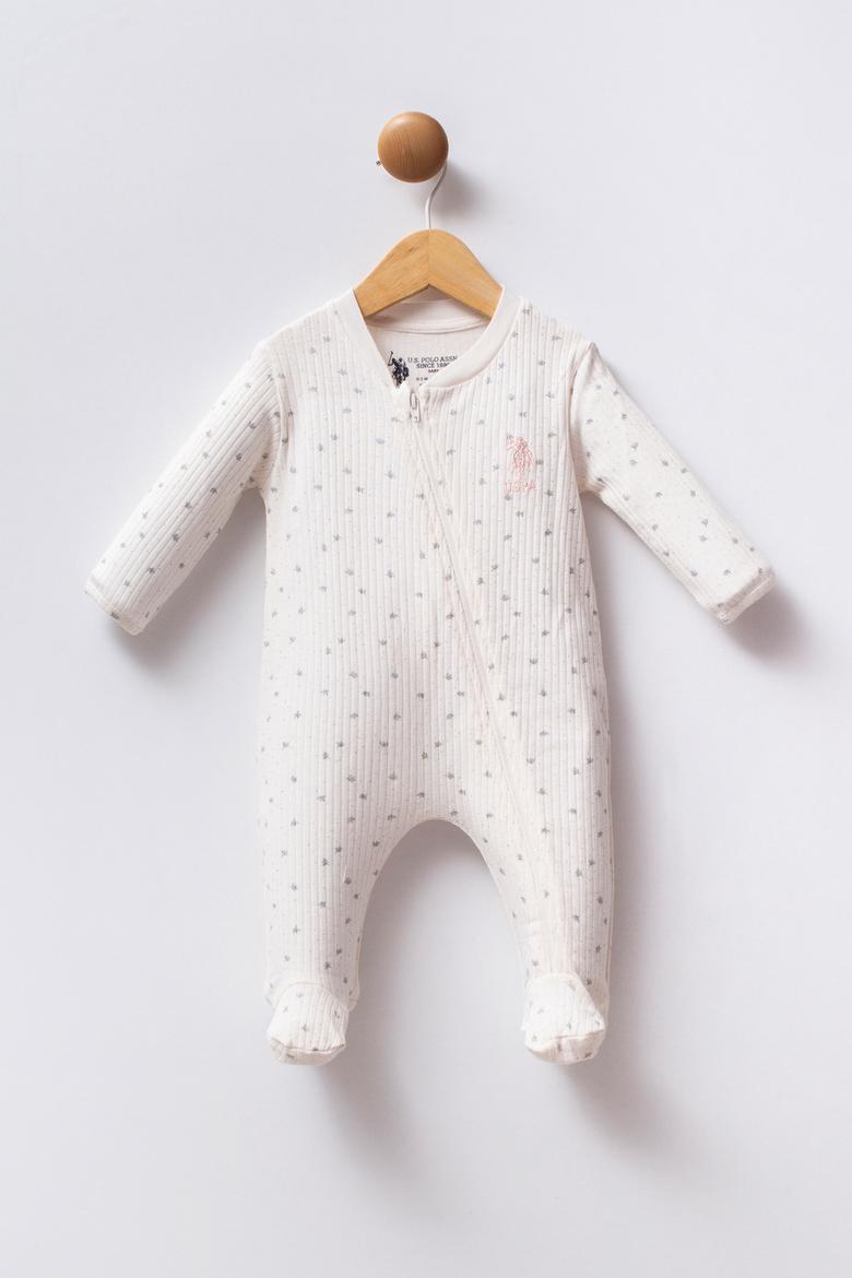 Kız Bebek Beyaz Fermuarlı %100 Pamuk Patikli Tulum