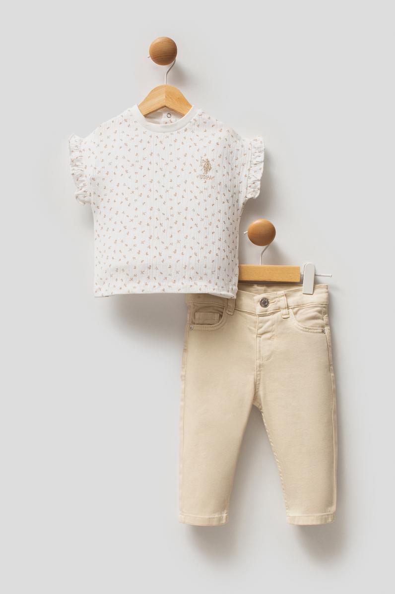 Kız Bebek Ekru Fırfır Kollu Pamuklu Tişört Jean Pantolon Takım 2'li