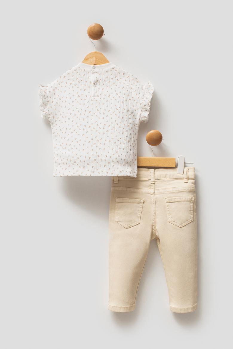 Kız Bebek Ekru Fırfır Kollu Pamuklu Tişört Jean Pantolon Takım 2'li - 50322906002