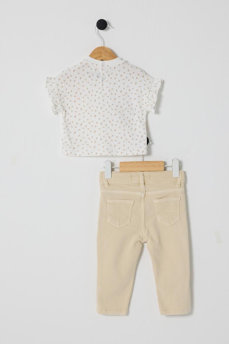 Kız Bebek Ekru Fırfır Kollu Pamuklu Tişört Jean Pantolon Takım 2'li - 50322906002