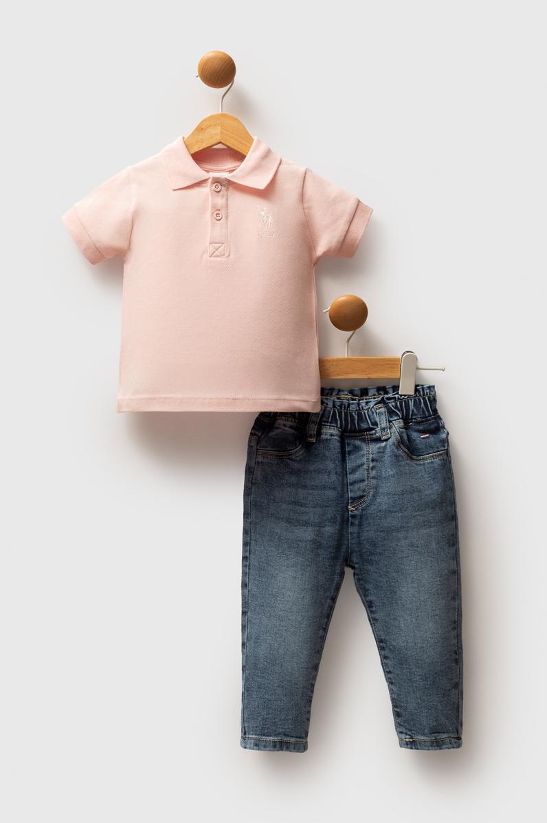 Kız Bebek Somon %100 Pamuk Polo Yaka Tişört Jean Pantolon Takım 2'li