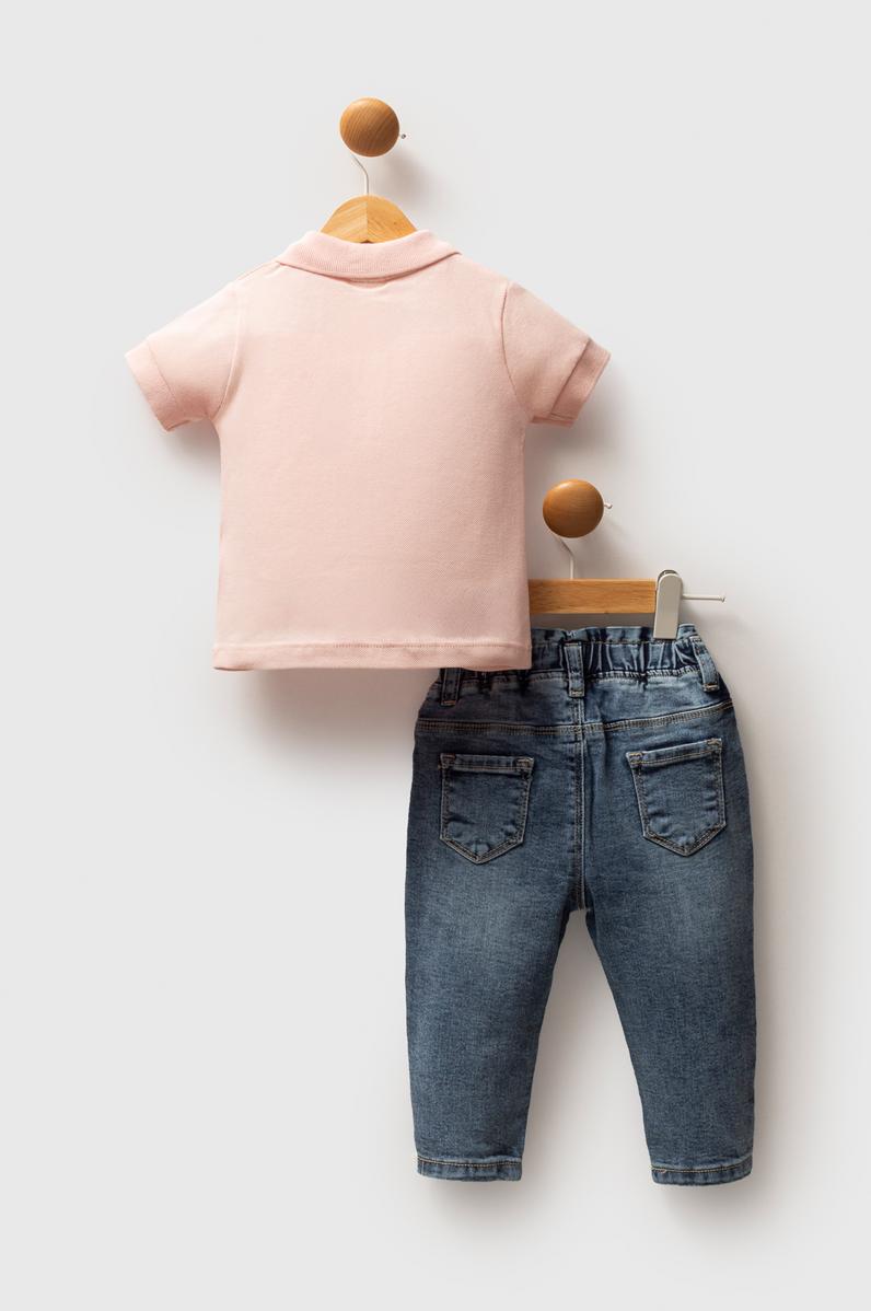 Kız Bebek Somon %100 Pamuk Polo Yaka Tişört Jean Pantolon Takım 2'li