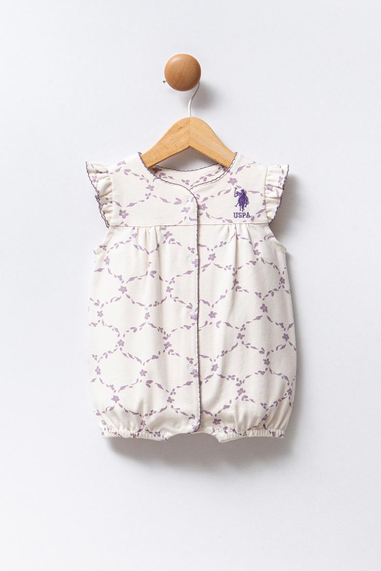 Kız Bebek Beyaz Desenli Fırfır Kollu %100 Pamuk Kısa Tulum