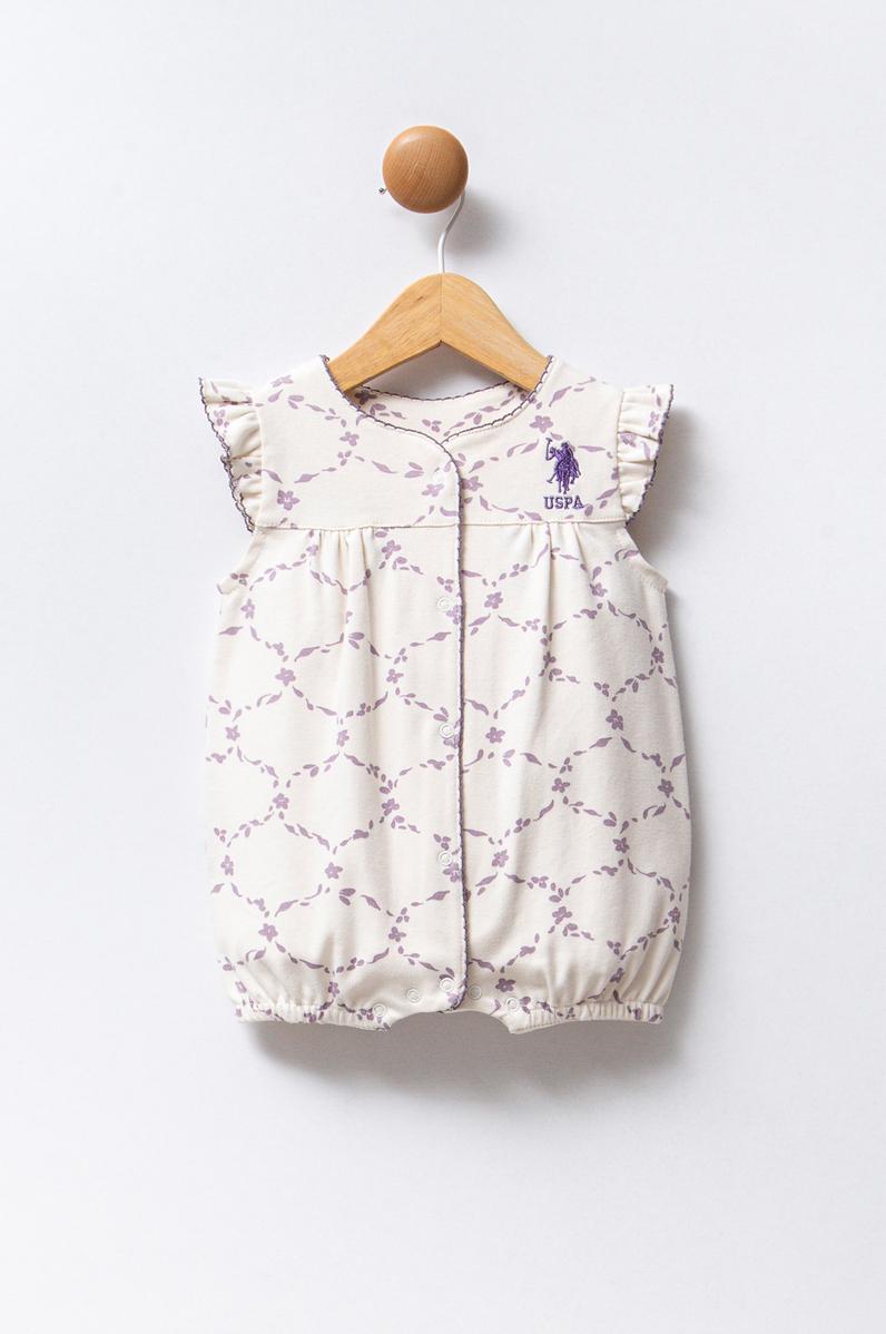 Kız Bebek Beyaz Desenli Fırfır Kollu %100 Pamuk Kısa Tulum