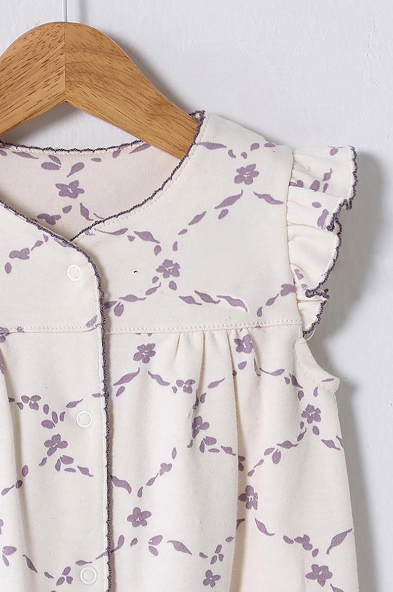 Kız Bebek Beyaz Desenli Fırfır Kollu %100 Pamuk Kısa Tulum