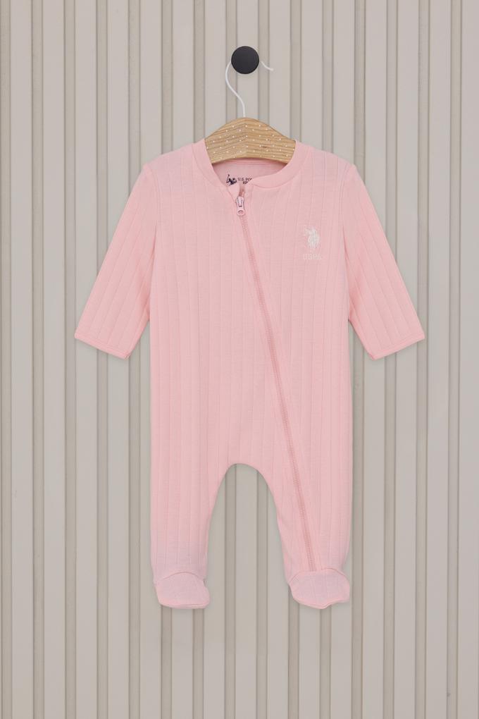 Kız Bebek Açık Pembe Fermuarlı %100 Pamuk Patikli Tulum