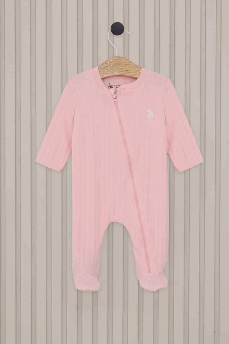 Kız Bebek Açık Pembe Fermuarlı %100 Pamuk Patikli Tulum