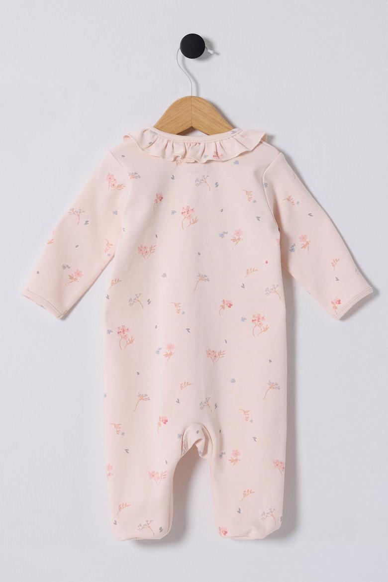 Kız Bebek Toz Pembe Çiçek Desenli Yaka Detaylı %100 Pamuk Patikli Tulum - 50322819001