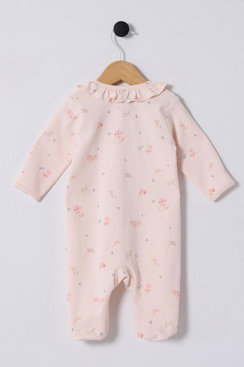 Kız Bebek Toz Pembe Çiçek Desenli Yaka Detaylı %100 Pamuk Patikli Tulum