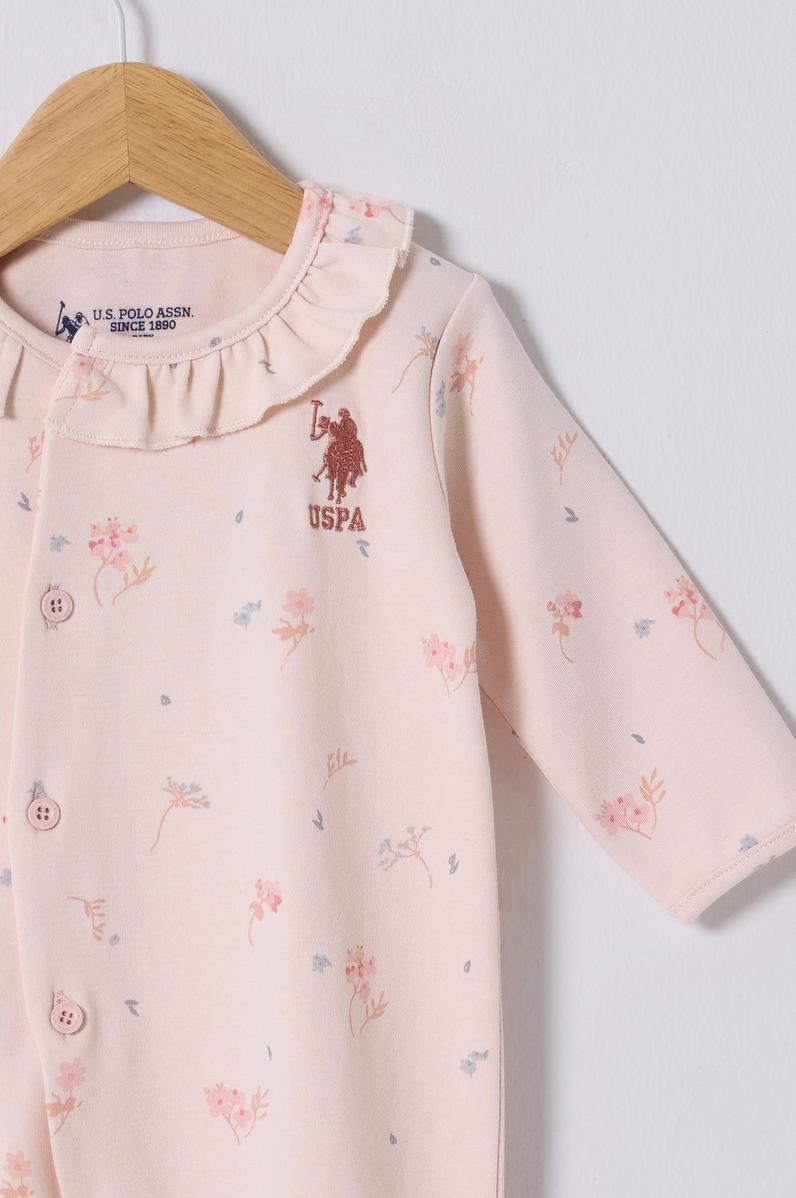 Kız Bebek Toz Pembe Çiçek Desenli Yaka Detaylı %100 Pamuk Patikli Tulum