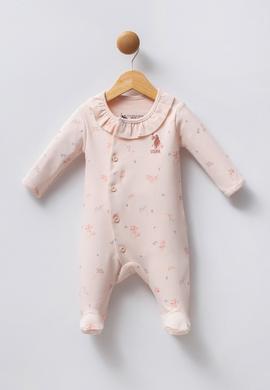 Kız Bebek Toz Pembe Çiçek Desenli Yaka Detaylı %100 Pamuk Patikli Tulum - 50322819001