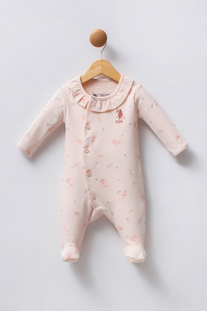 Kız Bebek Toz Pembe Çiçek Desenli Yaka Detaylı %100 Pamuk Patikli Tulum