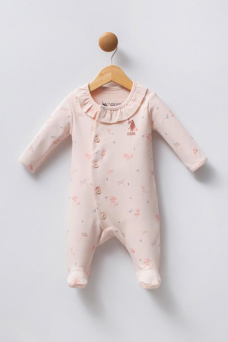 Kız Bebek Toz Pembe Çiçek Desenli Yaka Detaylı %100 Pamuk Patikli Tulum