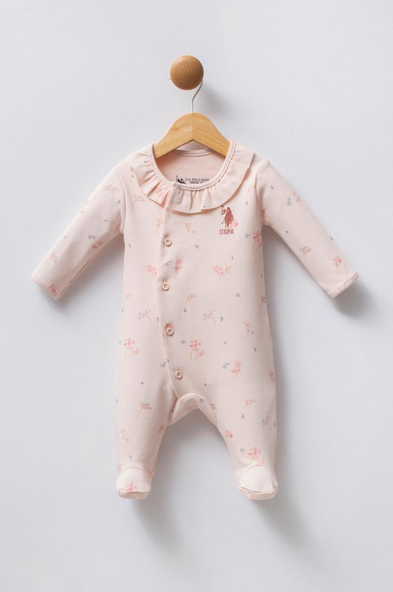 Kız Bebek Toz Pembe Çiçek Desenli Yaka Detaylı %100 Pamuk Patikli Tulum