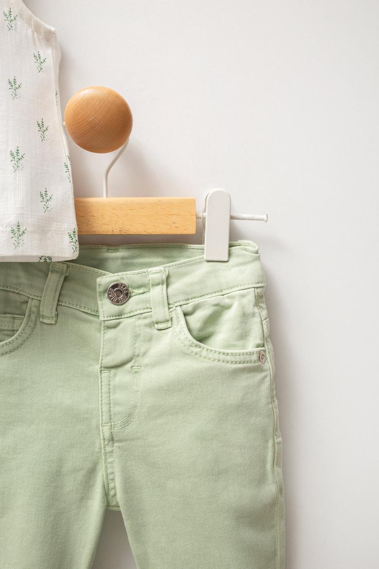 Kız Bebek Su Yeşili Çiçek Desenli Dantel Yaka Tişört Jean Pantolon Takım 2'li - 50322908001