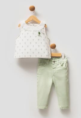 Kız Bebek Su Yeşili Çiçek Desenli Dantel Yaka Tişört Jean Pantolon Takım 2'li - 50322908001