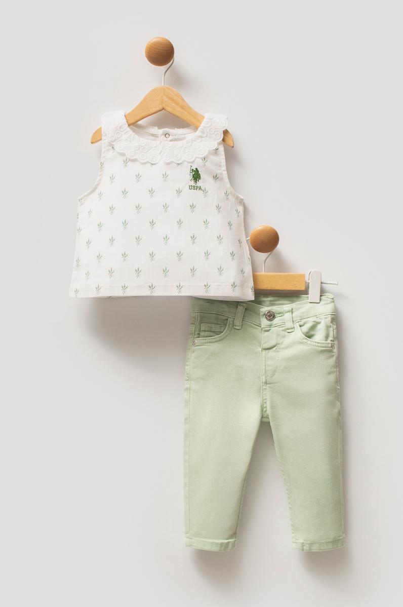 Kız Bebek Su Yeşili Çiçek Desenli Dantel Yaka Tişört Jean Pantolon Takım 2'li
