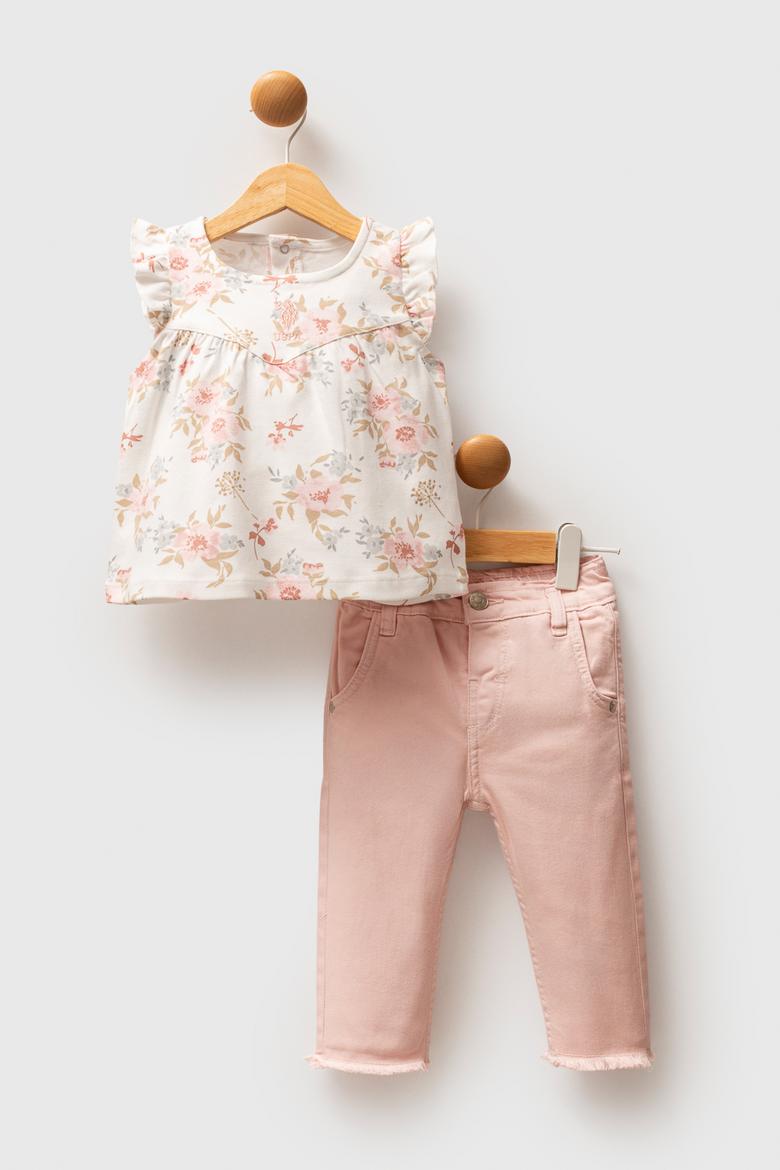 Kız Bebek Pembe Çiçek Desenli Fırfır Kollu Tişört Jean Pantolon Takım 2'li