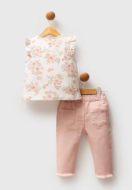 Kız Bebek Pembe Çiçek Desenli Fırfır Kollu Tişört Jean Pantolon Takım 2'li - 50322907005