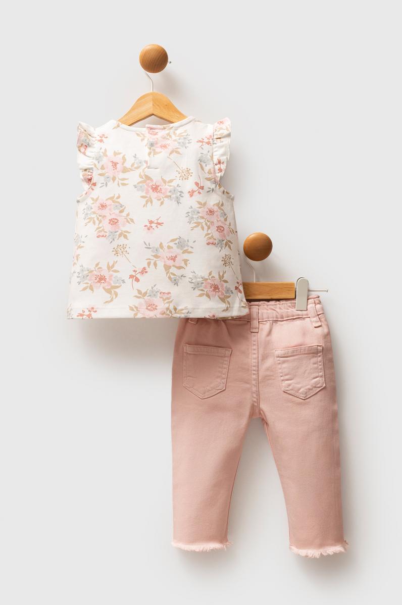 Kız Bebek Pembe Çiçek Desenli Fırfır Kollu Tişört Jean Pantolon Takım 2'li