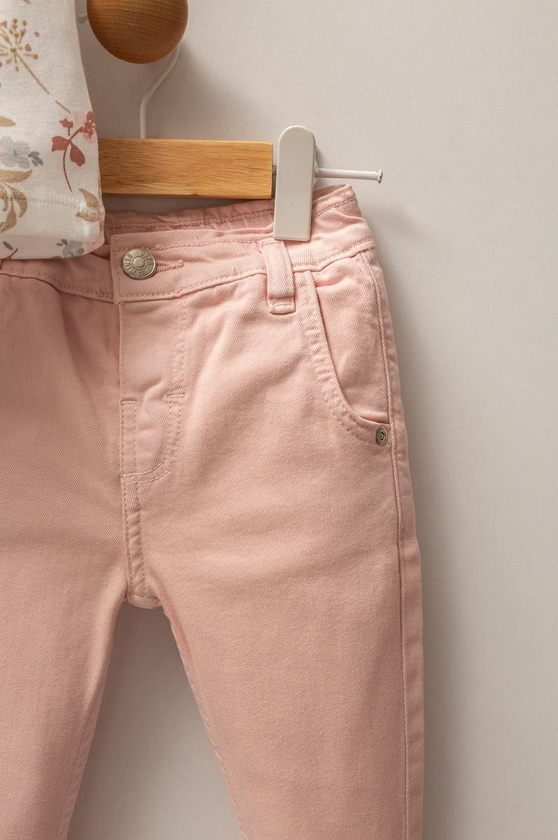 Kız Bebek Pembe Çiçek Desenli Fırfır Kollu Tişört Jean Pantolon Takım 2'li