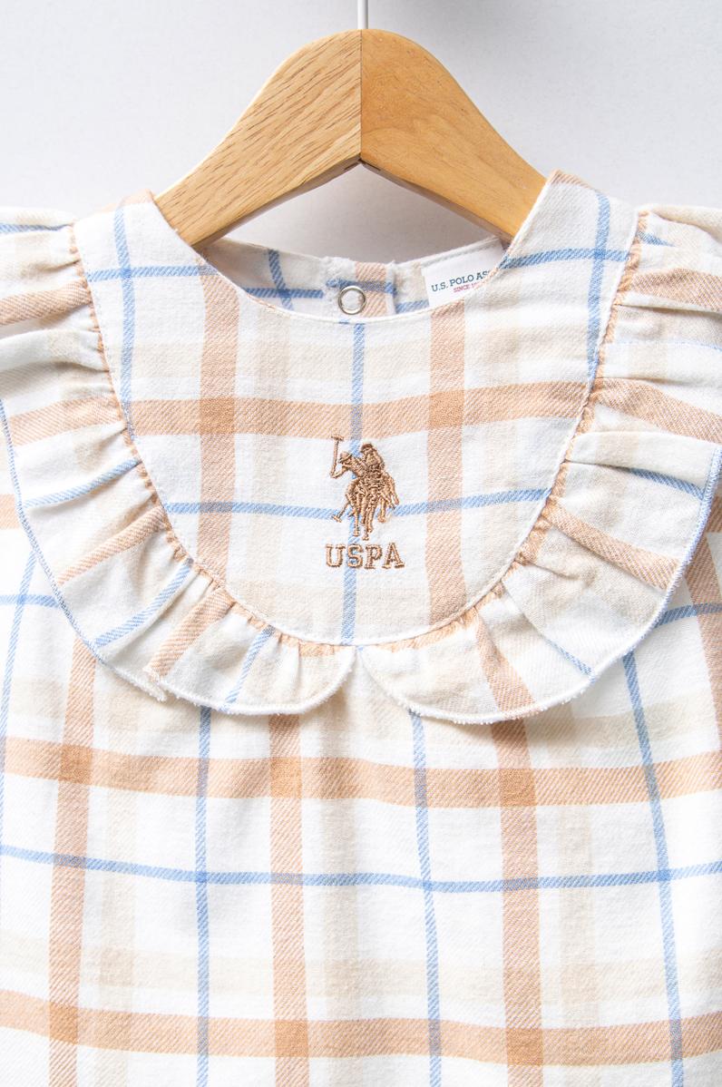 Kız Bebek Beyaz Fırfır Detaylı Ekose Desenli Kolsuz Elbise