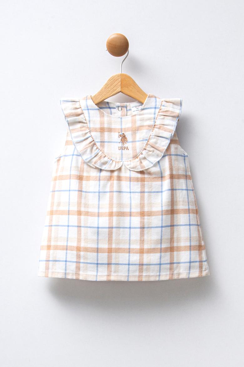 Kız Bebek Beyaz Fırfır Detaylı Ekose Desenli Kolsuz Elbise