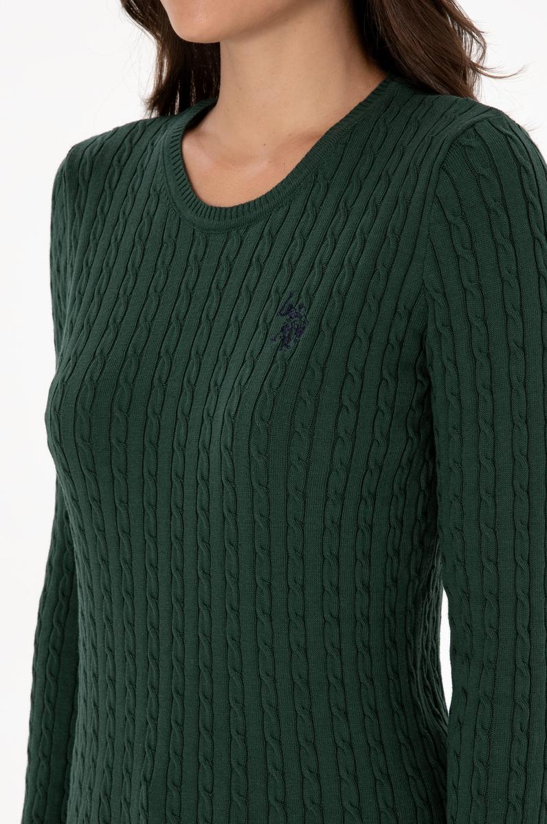 Kadın Koyu Yeşil Bisiklet Yaka Basic Kazak