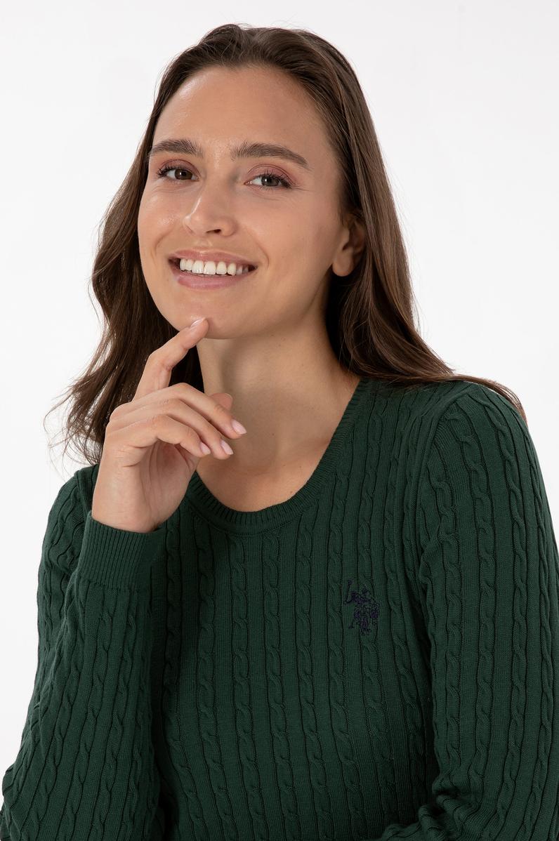 Kadın Koyu Yeşil Bisiklet Yaka Basic Kazak