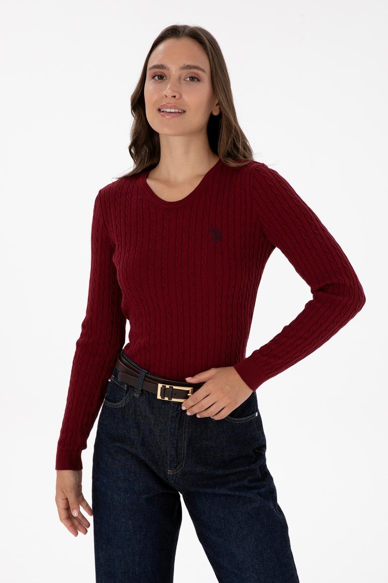 Kadın Bordo Bisiklet Yaka Basic Kazak