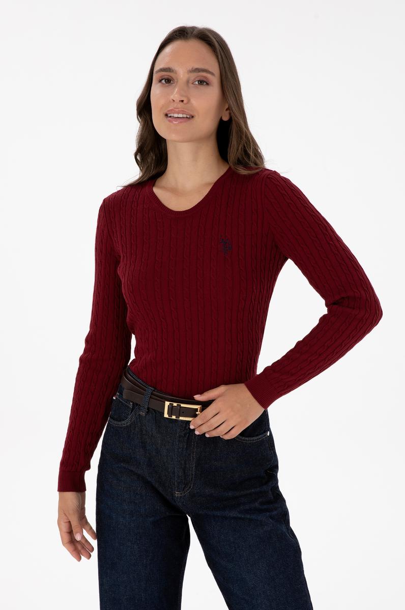 Kadın Bordo Bisiklet Yaka Basic Kazak