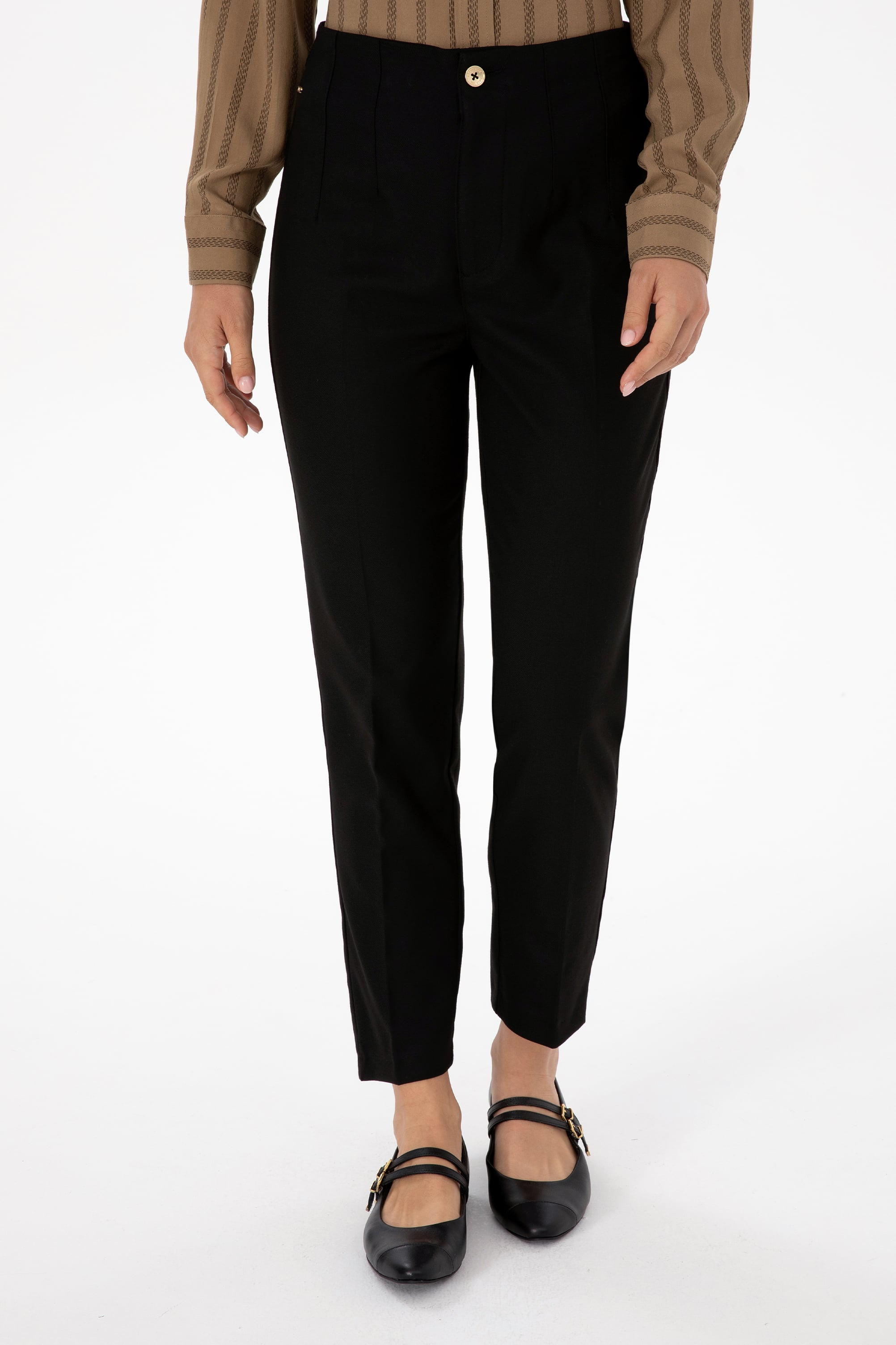 Kadın Siyah Carrot High Waist Fit Kanvas Pantolon - Image 2