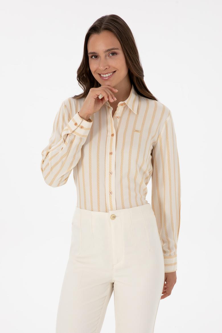 Kadın Beyaz Çizgili Uzun Kollu Gömlek - 50309036004