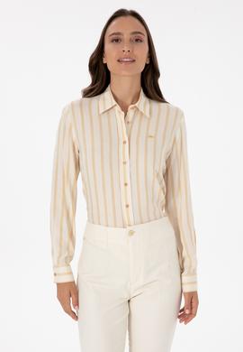Kadın Beyaz Çizgili Uzun Kollu Gömlek - 50309036004