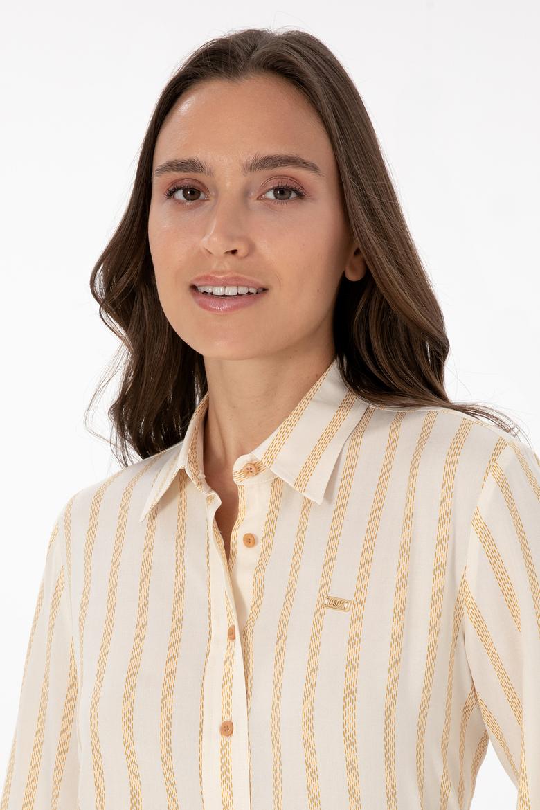 Kadın Beyaz Çizgili Uzun Kollu Gömlek - 50309036004