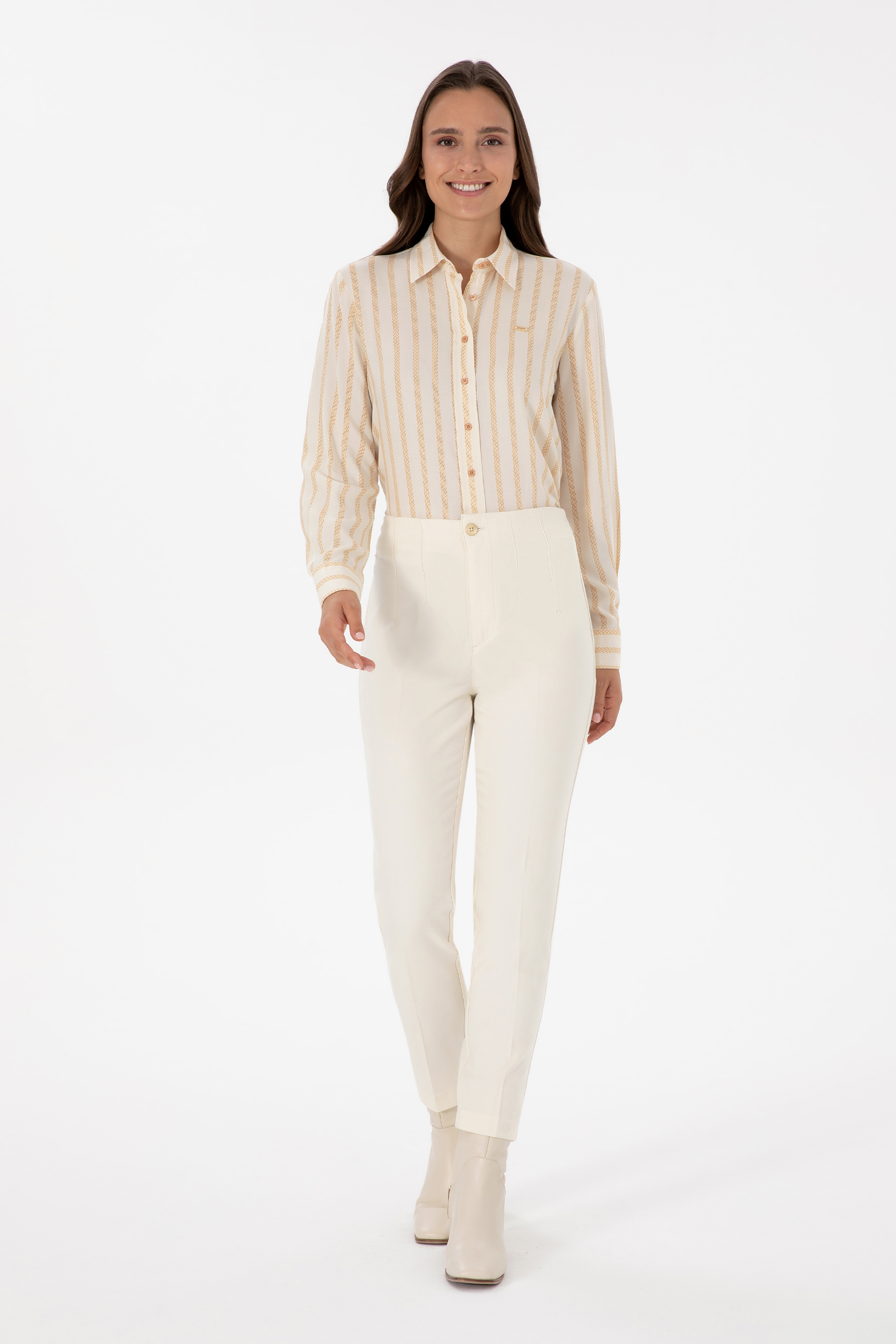 Kadın Beyaz Carrot High Waist Kanvas Pantolon - Image 1