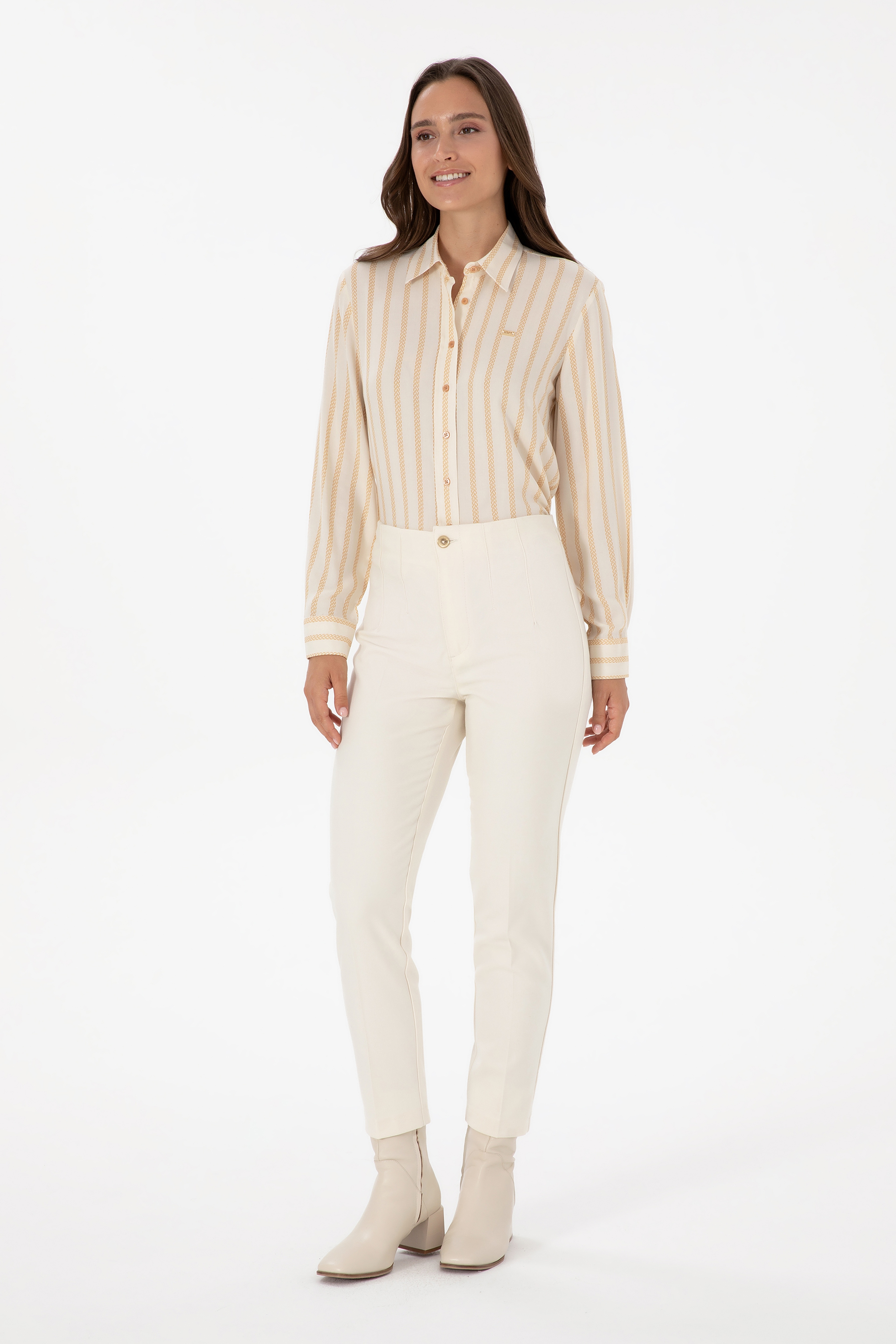 Kadın Beyaz Carrot High Waist Kanvas Pantolon - Image 3