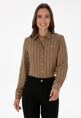 Kadın Haki Çizgili Uzun Kollu Gömlek - 50309036014