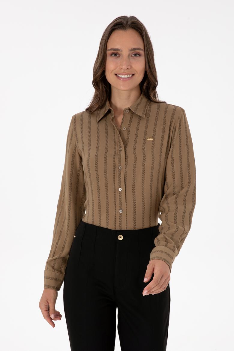 Kadın Haki Çizgili Uzun Kollu Gömlek