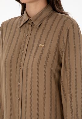 Kadın Haki Çizgili Uzun Kollu Gömlek - 50309036014