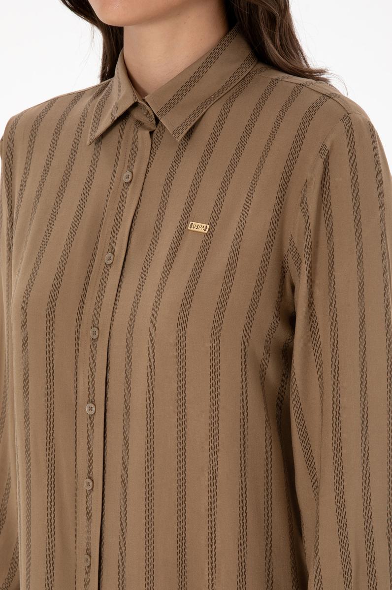 Kadın Haki Çizgili Uzun Kollu Gömlek