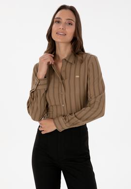 Kadın Haki Çizgili Uzun Kollu Gömlek - 50309036014