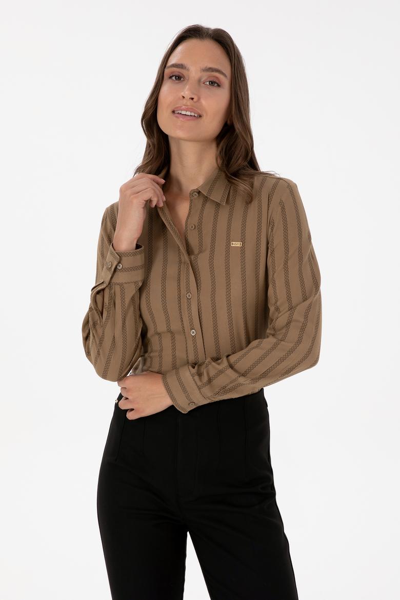 Kadın Haki Çizgili Uzun Kollu Gömlek - 50309036014