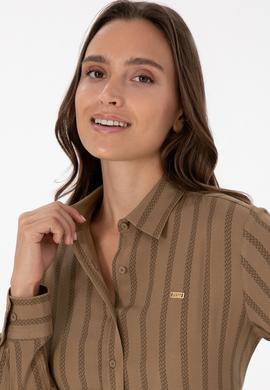 Kadın Haki Çizgili Uzun Kollu Gömlek - 50309036014
