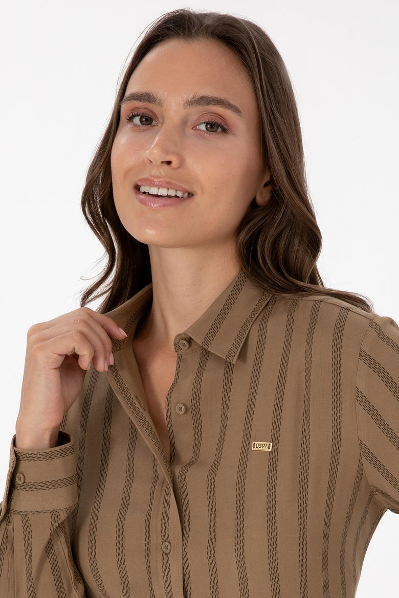 Kadın Haki Çizgili Uzun Kollu Gömlek - 50309036014