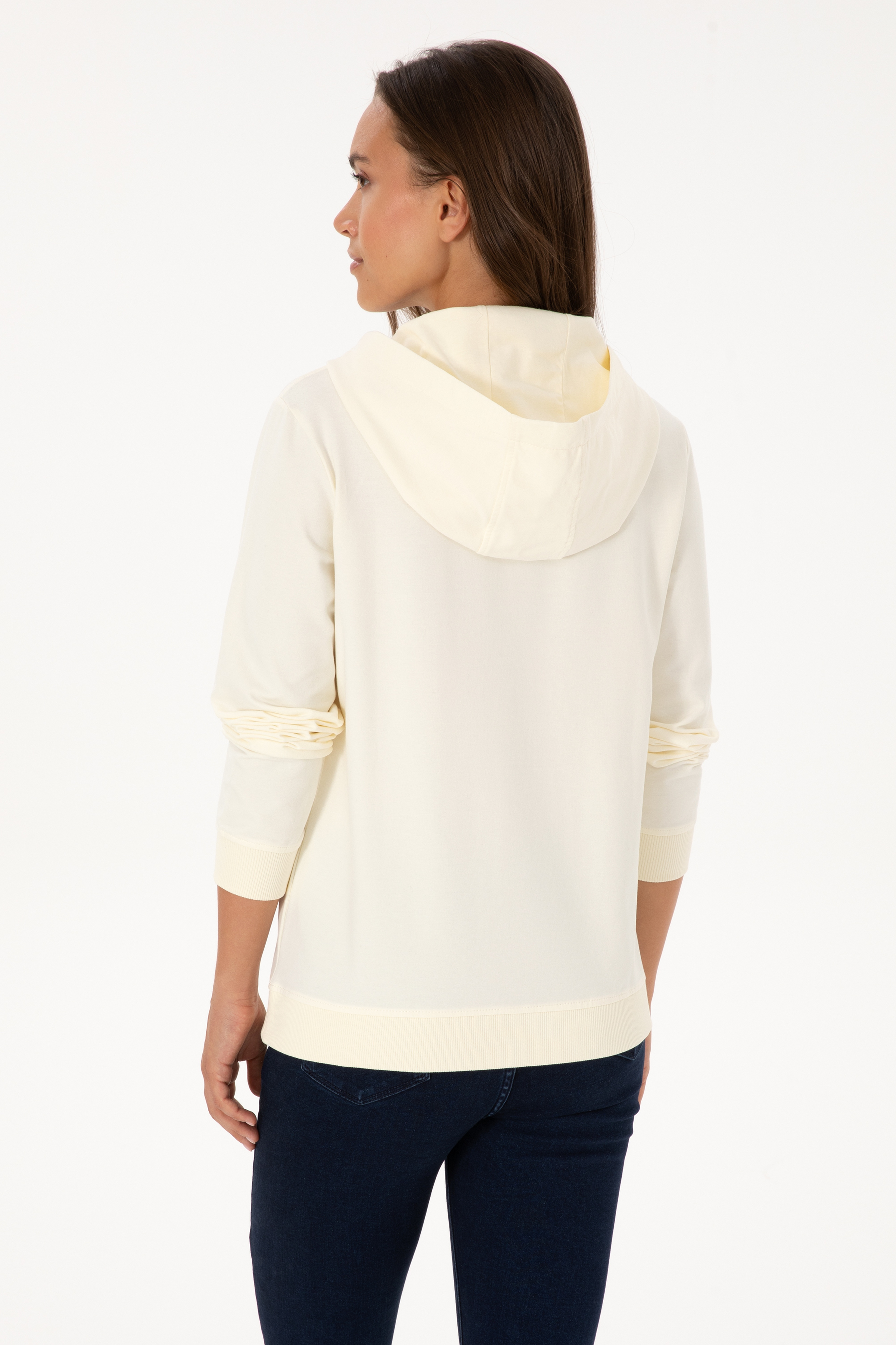 Kadın Krem Kapüşonlu Sweatshırt - Image 5