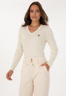 Kadın Beyaz V Yaka Basic Kazak - 50307700102