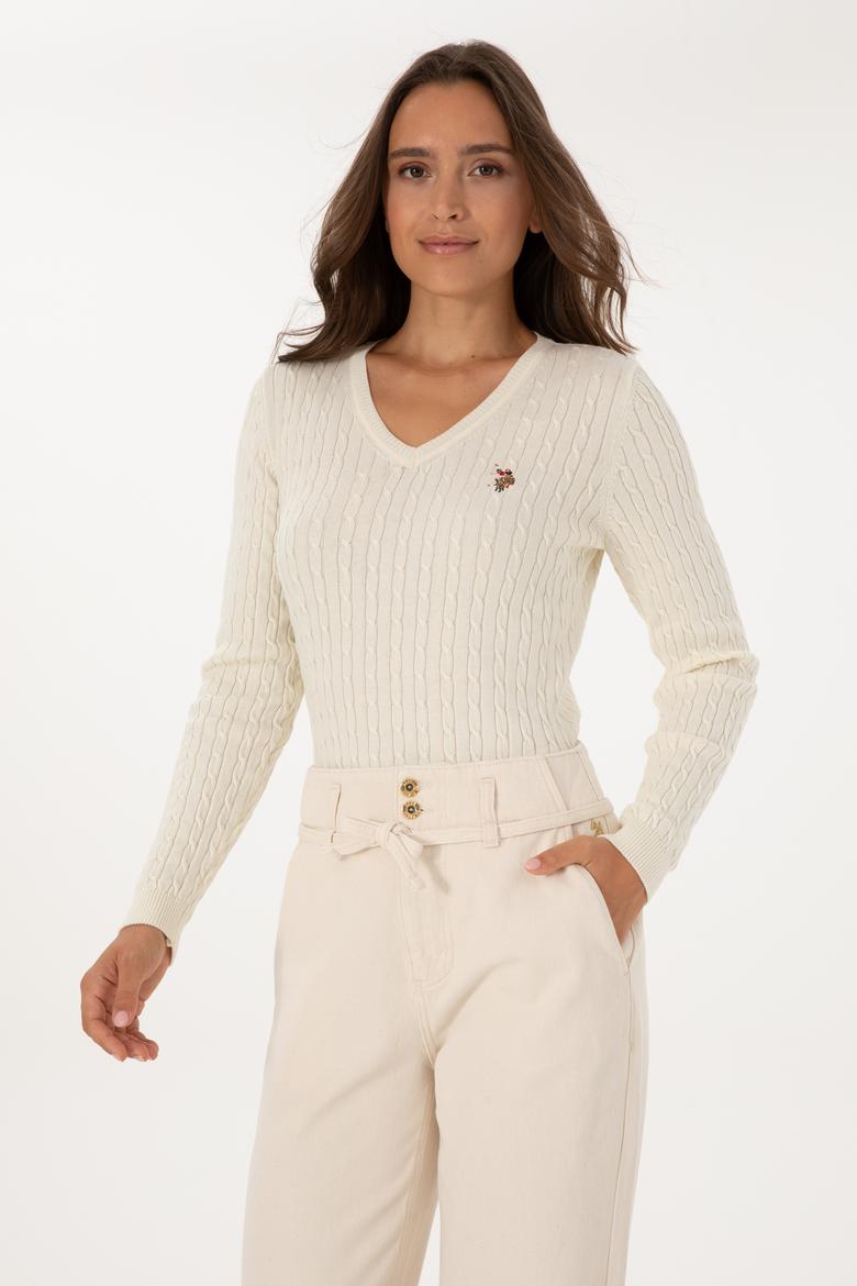 Kadın Beyaz V Yaka Basic Kazak