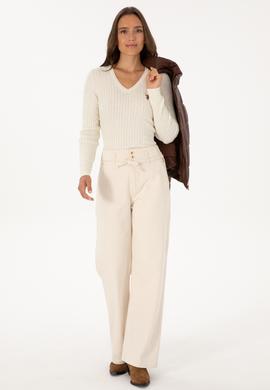 Kadın Beyaz V Yaka Basic Kazak - 50307700102